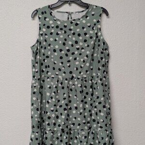 Women's A-line Green Polka Dot Round Neck Sleeveless Ruffle Hem Mini Dress Large